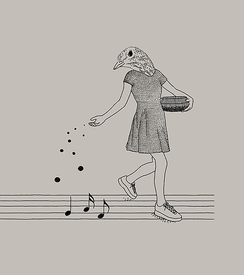 Conceptual editorial illustration of a bird-headed woman scattering musical notes like seeds.