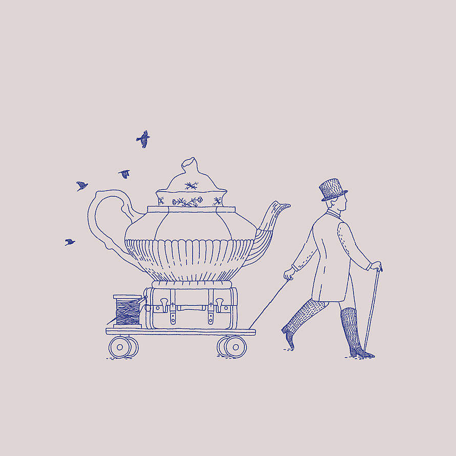 Man pulling a large teapot loaded on a cart in a surreal conceptual illustration.