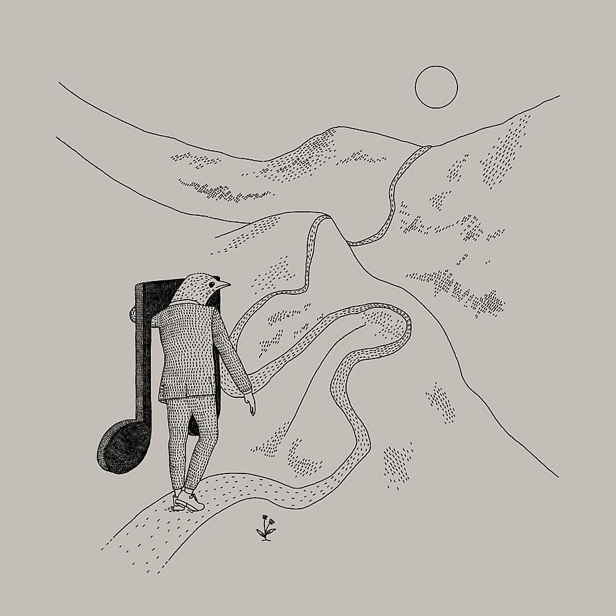 Bird-headed figure carrying a large musical note while walking through a mountain landscape.
