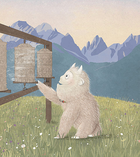 Freundlicher Yeti vor den Bergen der Sextner Dolomiten, Bilderbuchillustration von Elisabeth Mair.
