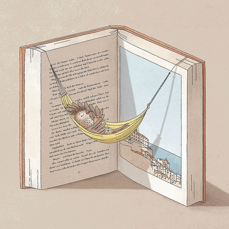 Offenes Buch mit einer Hängematte, in der ein kleiner Vogel zwischen den Seiten entspannt.