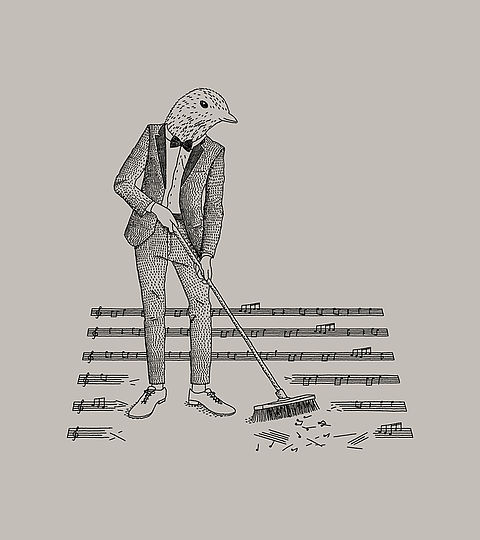 Conceptual illustration of a bird-headed figure sweeping musical notes from the ground.