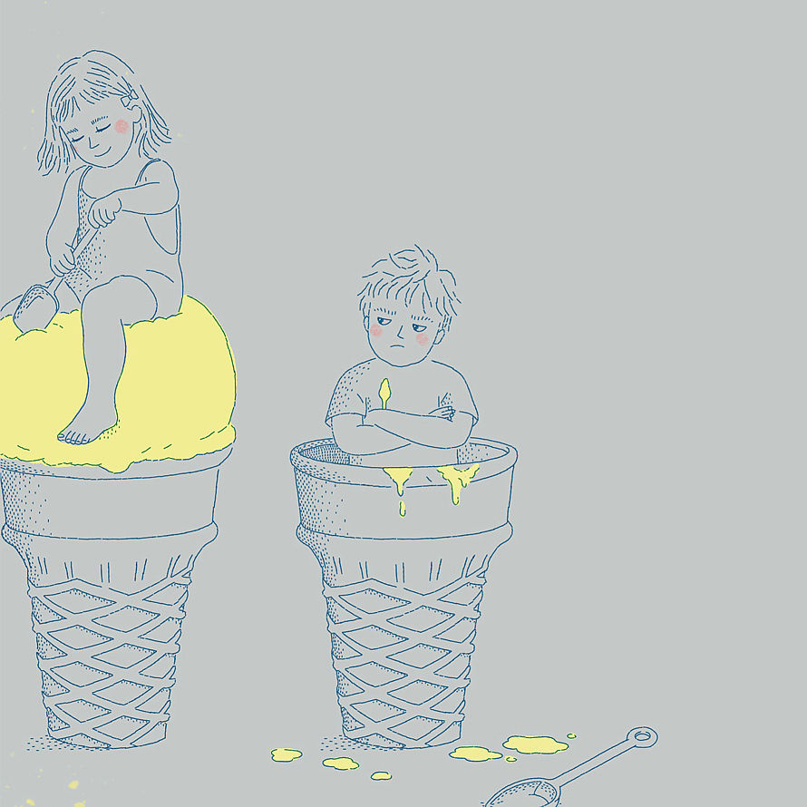 Two children sitting in ice cream cones, one happily eating while the other looks upset in a conceptual illustration.