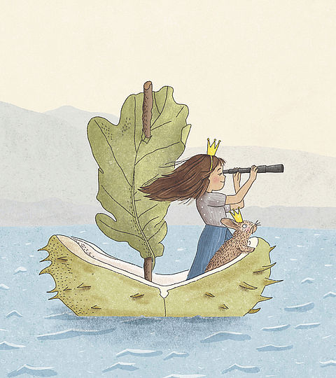 Mädchen fährt mit einem Hasen in einer Kastanienschale über den Kalterer See und hält ein Fernrohr in der Hand, Bilderbuchillustration von Elisabeth Mair.
