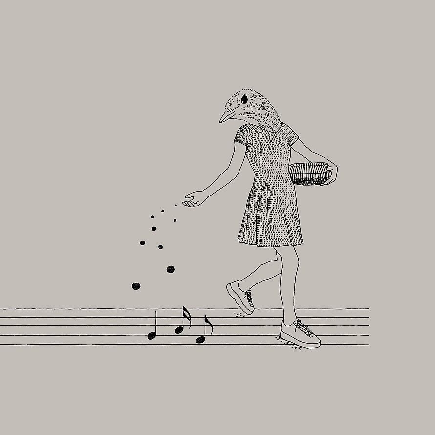 Bird-headed woman scattering musical notes like seeds while walking along a musical staff.