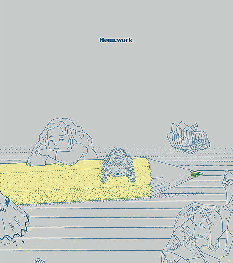 Conceptual illustration of a child lying on a giant pencil beside a crumpled sheet of paper.
