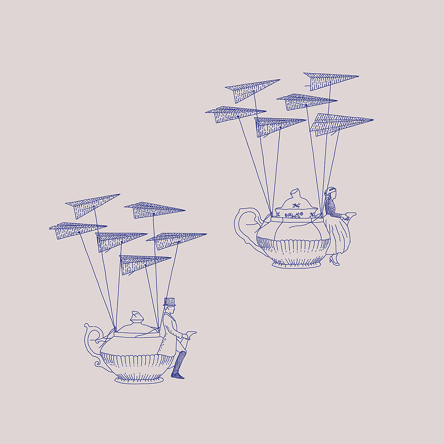 Flying teapots lifted into the air by paper airplanes in a surreal editorial illustration.