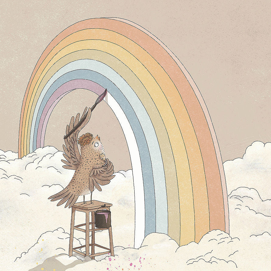 Kleiner Vogel auf einer Leiter, der einen großen Regenbogen über den Wolken bemalt.