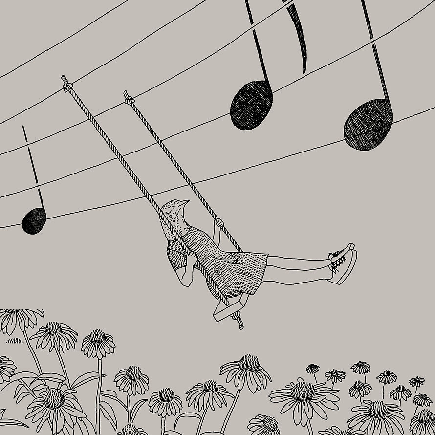 Bird-headed girl swinging beneath oversized musical notes above a field of flowers.