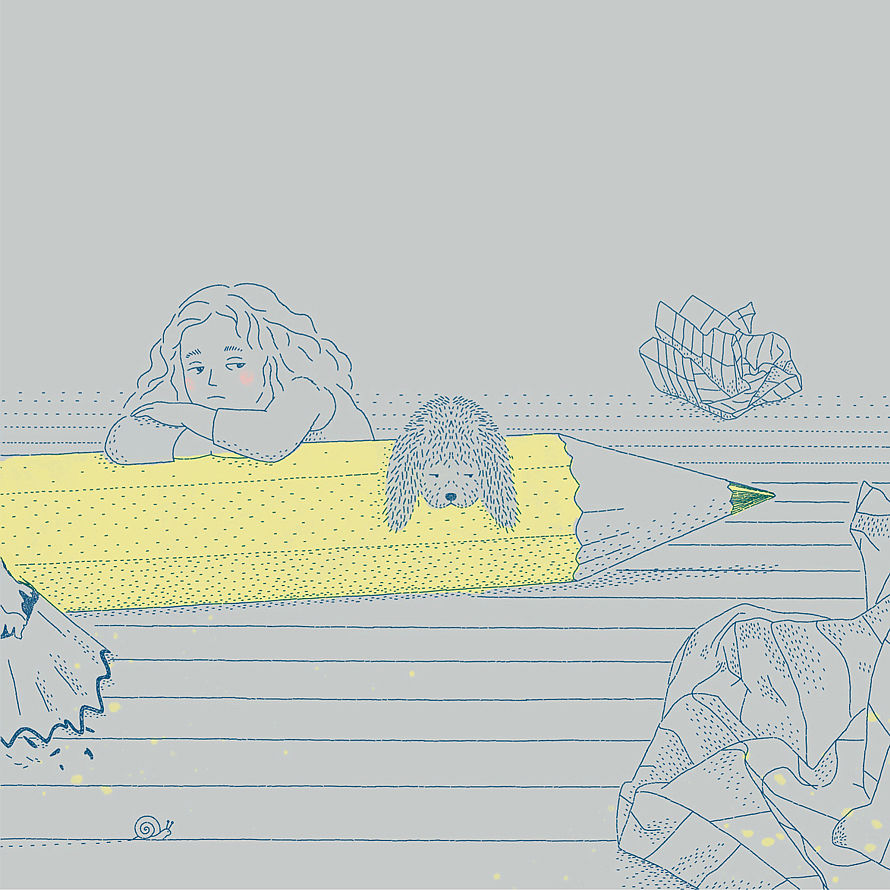 Child lying on a giant pencil while doing homework beside a crumpled paper ball and a hedgehog.