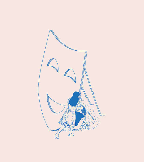 Conceptual illustration of a girl standing behind a smiling theatre mask.