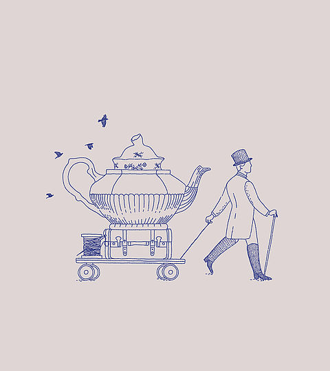 Conceptual illustration of a man pulling a teapot on wheels through a landscape.