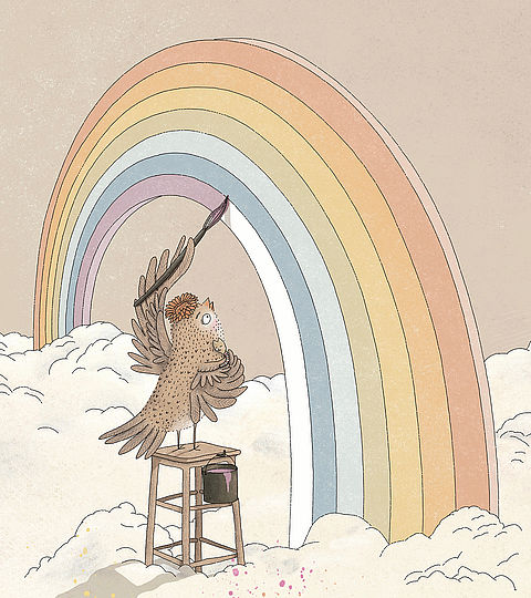 Kleiner Vogel malt mit Pinsel und Farbe einen bunten Regenbogen aus, Bilderbuchillustration der Südtiroler Illustratorin Elisabeth Mair.