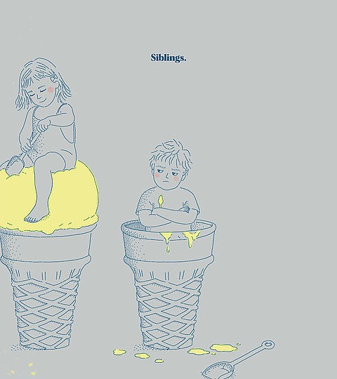 Illustration of two children sitting in ice cream cones with contrasting expressions.