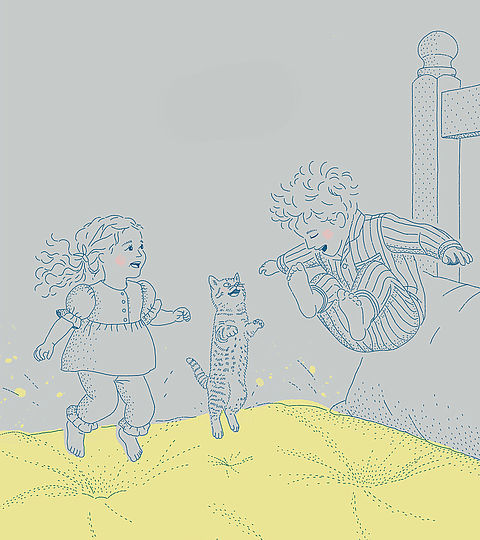 Zwei übermütige Kinder hüpfen lachend auf einem Bett, fröhliche Bilderbuchillustration der Südtiroler Illustratorin Elisabeth Mair.