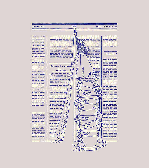 Conceptual illustration of a woman cutting old newspapers that will later become paper planes.