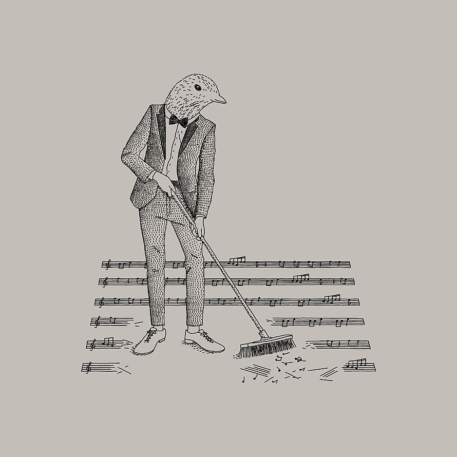Bird-headed figure sweeping away scattered musical notes with a broom in a conceptual illustration.