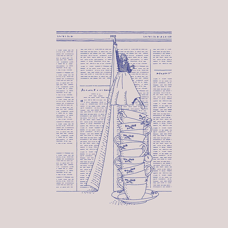 Girl climbing a tower of stacked teacups while cutting an old newspaper in a surreal editorial illustration.