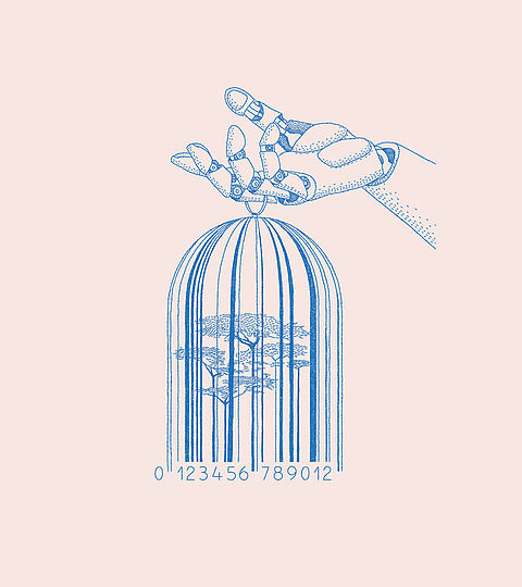 Conceptual illustration of a robotic hand lowering a miniature landscape into a birdcage with a barcode.