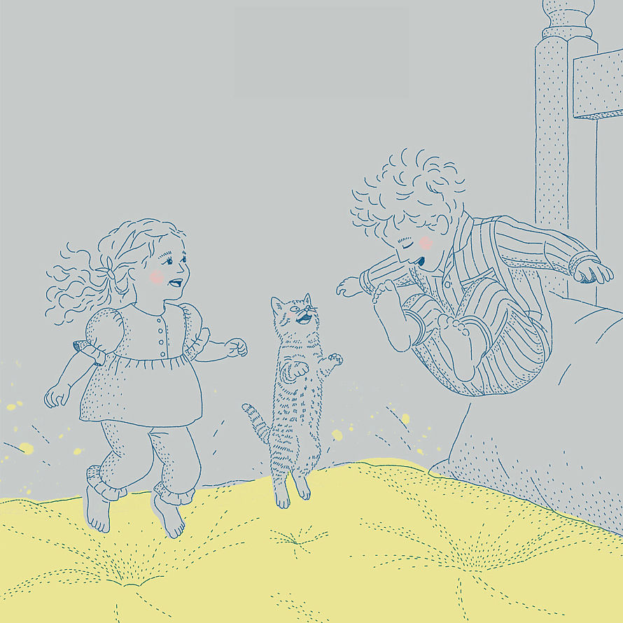 Two children and a cat jumping on a bed in a playful childhood illustration.